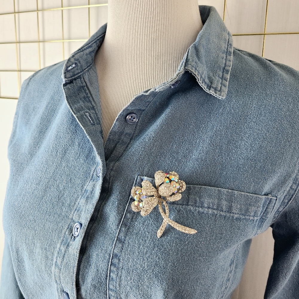 Worth & Douglas WD Signed Rhinestone AB Crystal Vintage Floral Pendant Brooch - Picture 7 of 8